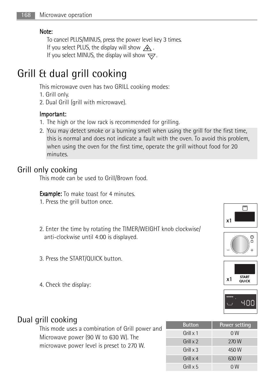 Grill & dual grill cooking, Grill only cooking, Dual grill cooking | AEG MC2665E-M User Manual | Page 168 / 228