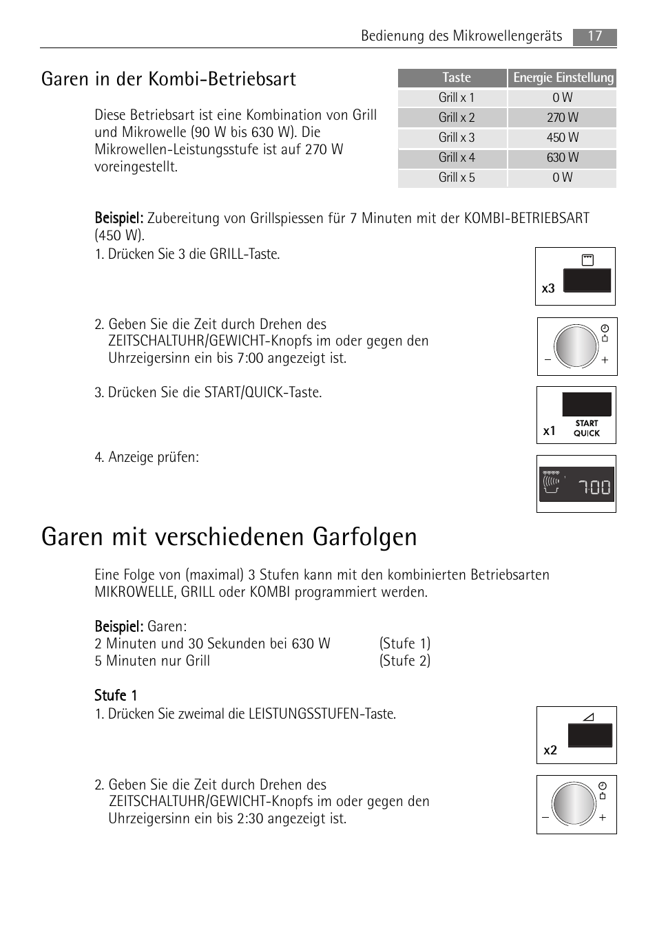 Garen mit verschiedenen garfolgen, Garen in der kombi-betriebsart, 17 bedienung des mikrowellengeräts | AEG MC2665E-M User Manual | Page 17 / 228