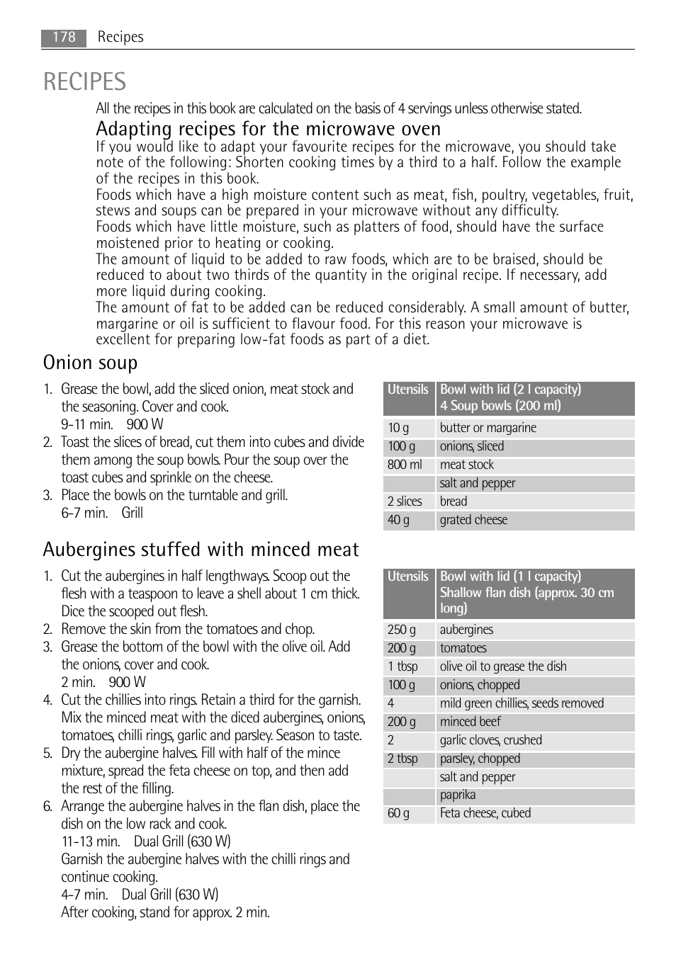 Recipes, Adapting recipes for the microwave oven, Onion soup | Aubergines stuffed with minced meat | AEG MC2665E-M User Manual | Page 178 / 228