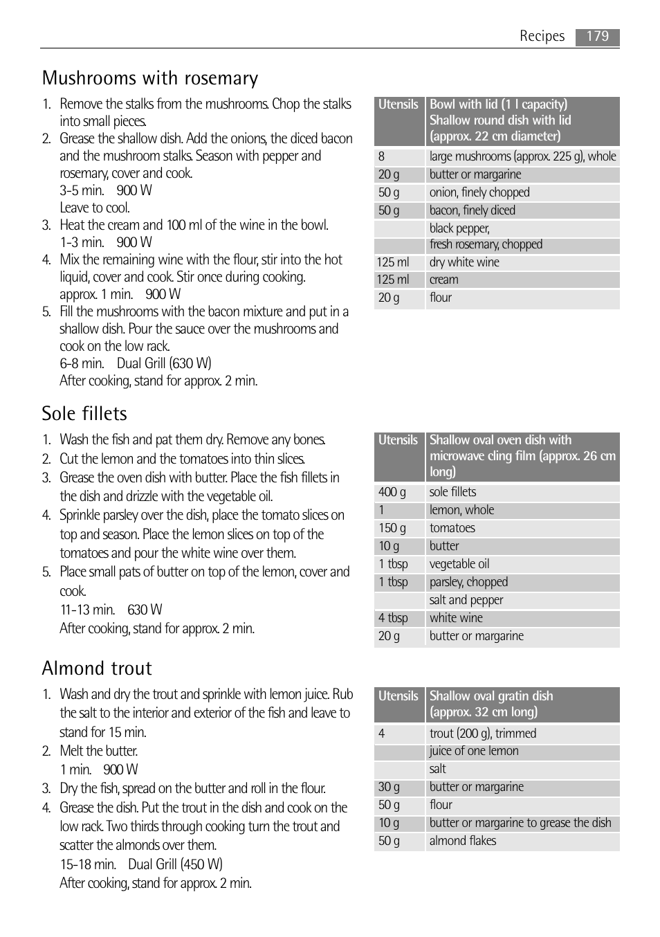 Mushrooms with rosemary, Sole fillets, Almond trout | AEG MC2665E-M User Manual | Page 179 / 228