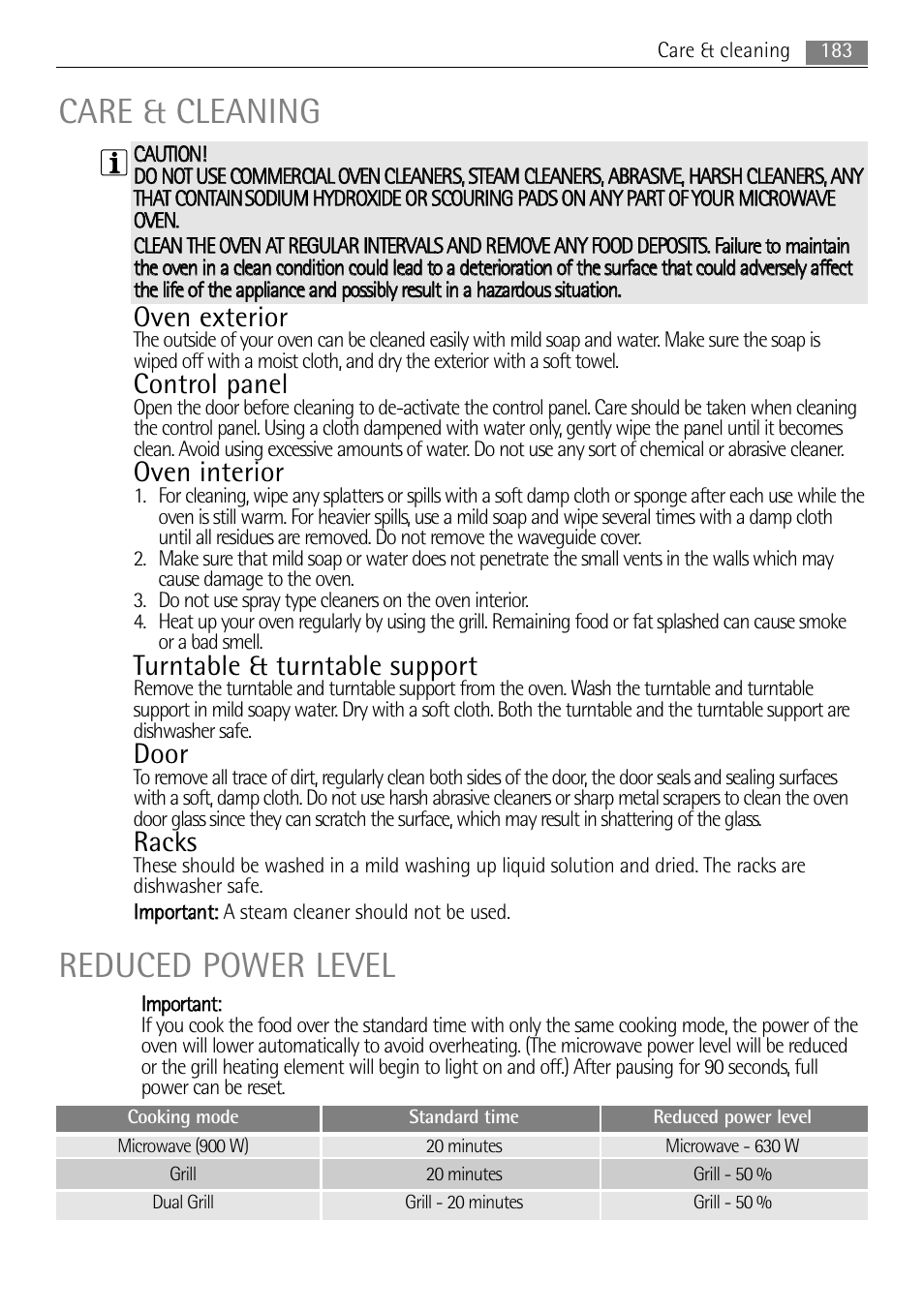 Care & cleaning reduced power level, Oven exterior, Control panel | Oven interior, Turntable & turntable support, Door, Racks | AEG MC2665E-M User Manual | Page 183 / 228