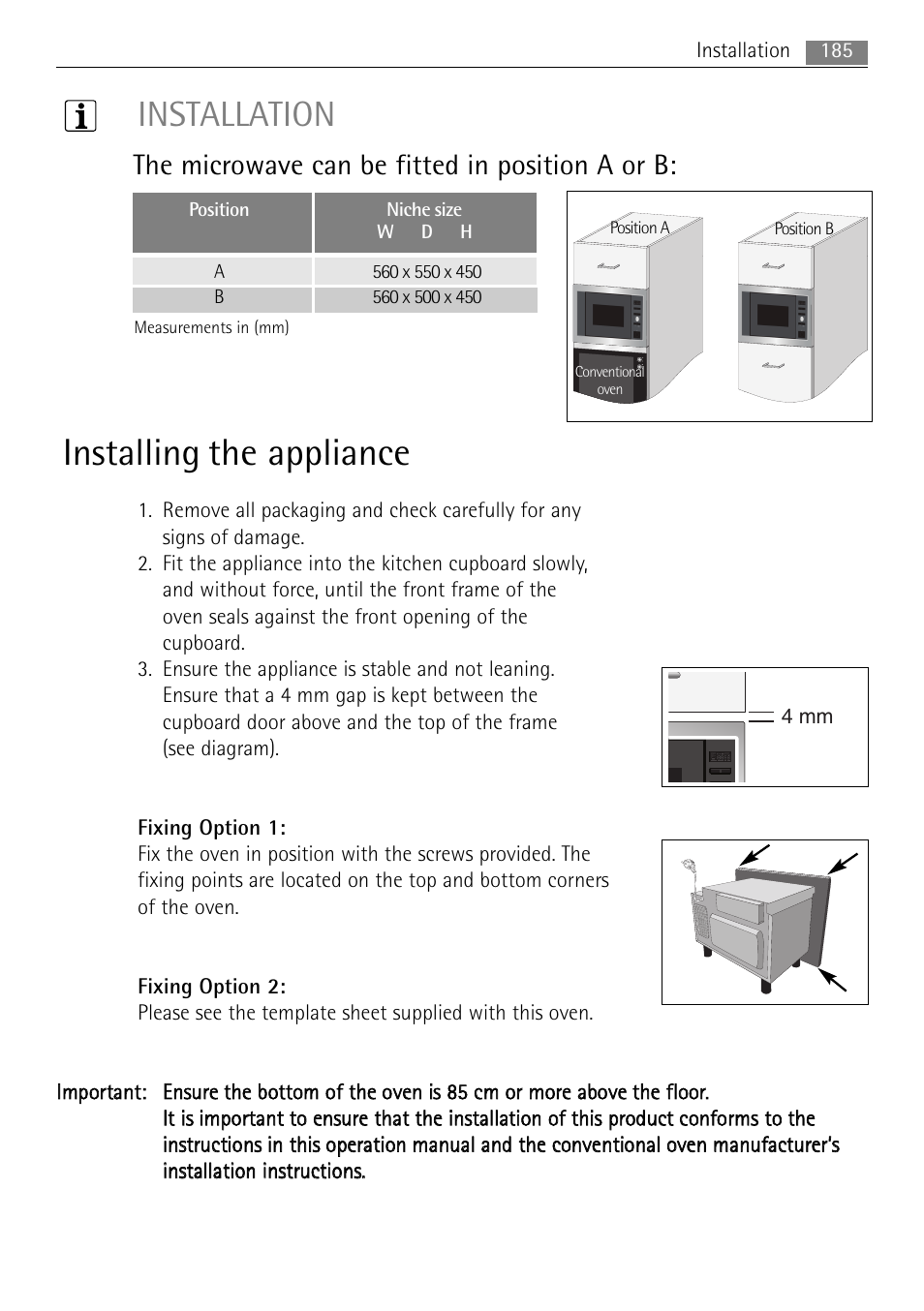 Installing the appliance, Installation, The microwave can be fitted in position a or b | AEG MC2665E-M User Manual | Page 185 / 228