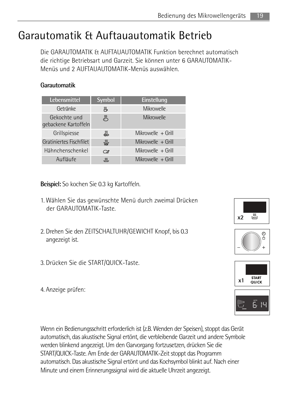 Garautomatik & auftauautomatik betrieb, 19 bedienung des mikrowellengeräts | AEG MC2665E-M User Manual | Page 19 / 228