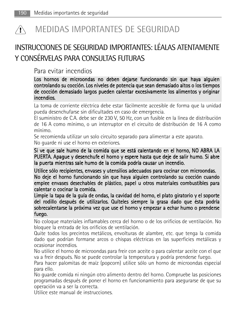 Medidas importantes de seguridad, Para evitar incendios | AEG MC2665E-M User Manual | Page 190 / 228