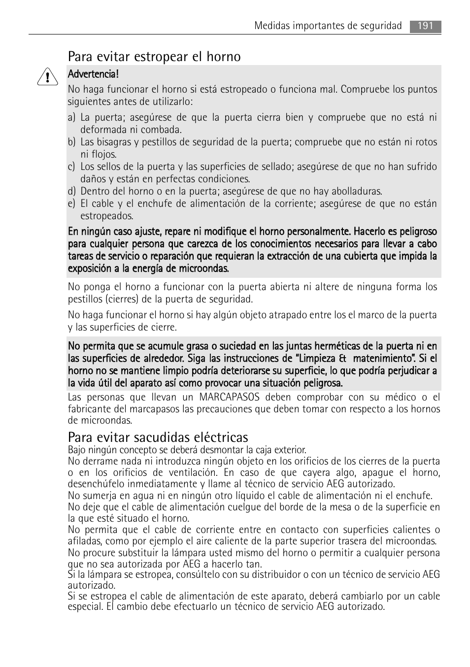 Para evitar estropear el horno, Para evitar sacudidas eléctricas | AEG MC2665E-M User Manual | Page 191 / 228