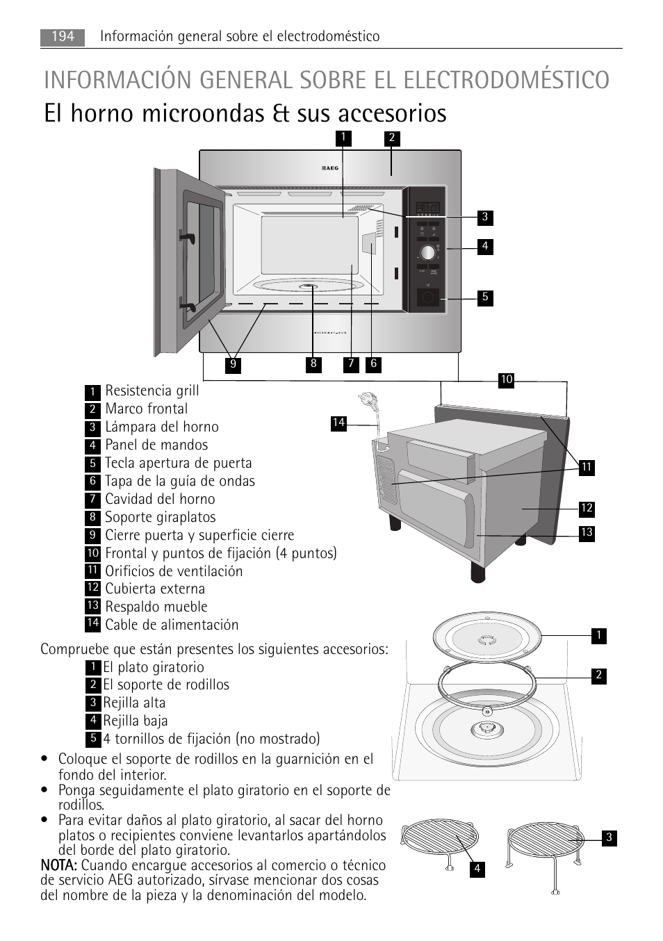 El horno microondas & sus accesorios, Información general sobre el electrodoméstico | AEG MC2665E-M User Manual | Page 194 / 228
