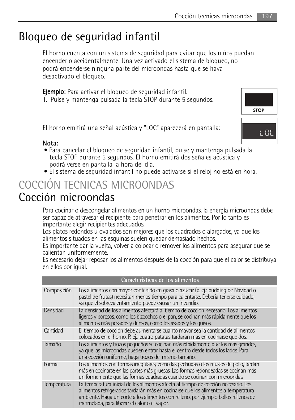Bloqueo de seguridad infantil, Cocción microondas, Cocción tecnicas microondas | 197 cocción tecnicas microondas | AEG MC2665E-M User Manual | Page 197 / 228
