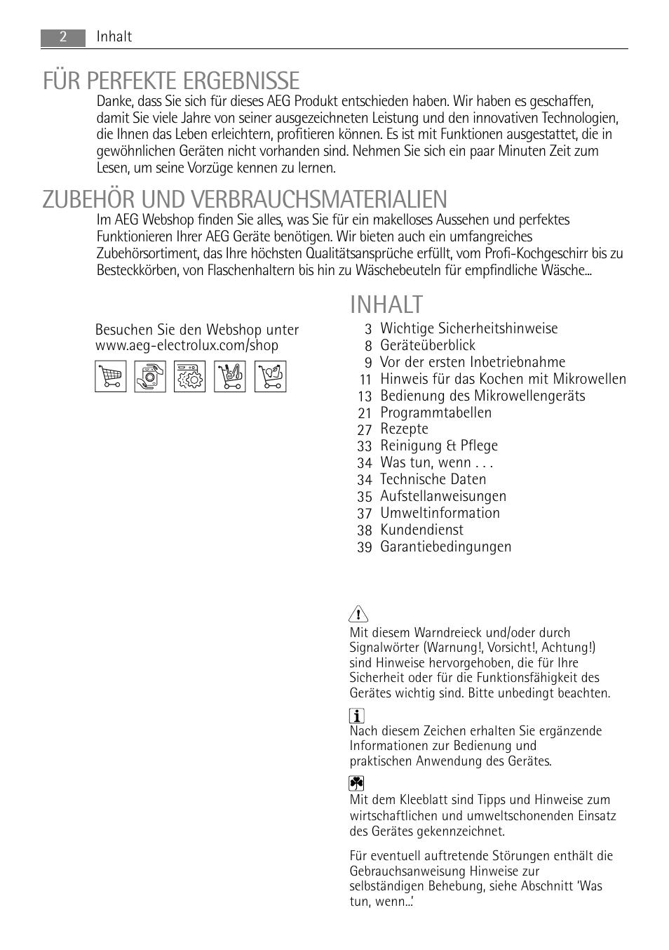 Für perfekte ergebnisse, Zubehör und verbrauchsmaterialien, Inhalt | AEG MC2665E-M User Manual | Page 2 / 228