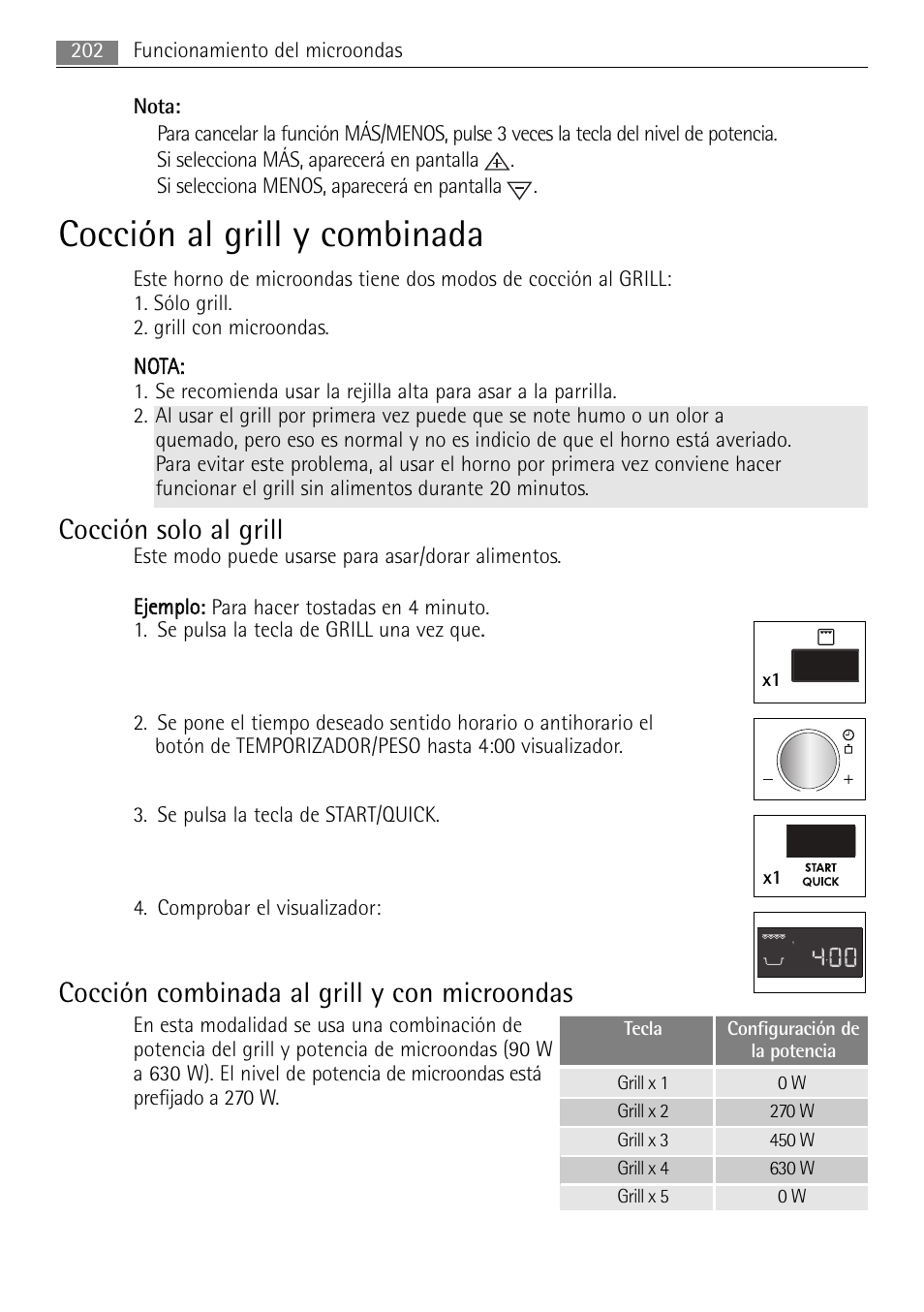 Cocción al grill y combinada, Cocción solo al grill, Cocción combinada al grill y con microondas | AEG MC2665E-M User Manual | Page 202 / 228