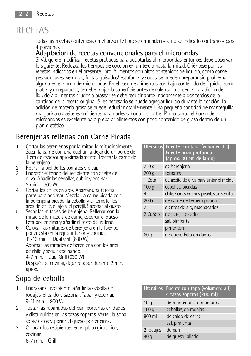Recetas, Berenjenas rellenas con carne picada, Sopa de cebolla | AEG MC2665E-M User Manual | Page 212 / 228