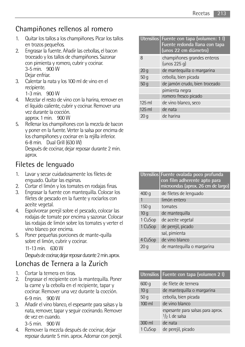 Champiñones rellenos al romero, Filetes de lenguado, Lonchas de ternera a la zurich | AEG MC2665E-M User Manual | Page 213 / 228