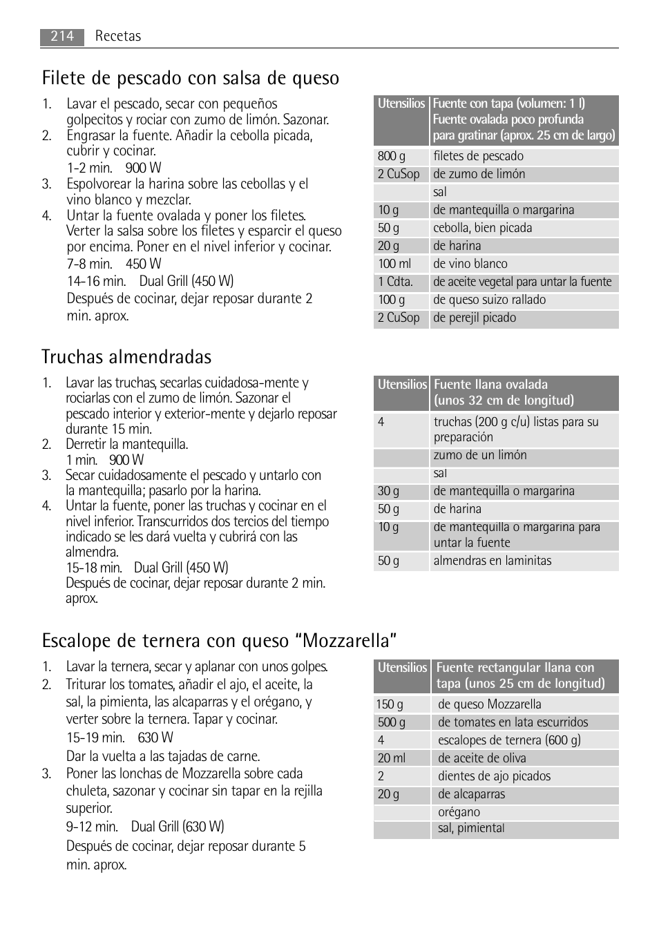 Filete de pescado con salsa de queso, Truchas almendradas, Escalope de ternera con queso “mozzarella | AEG MC2665E-M User Manual | Page 214 / 228
