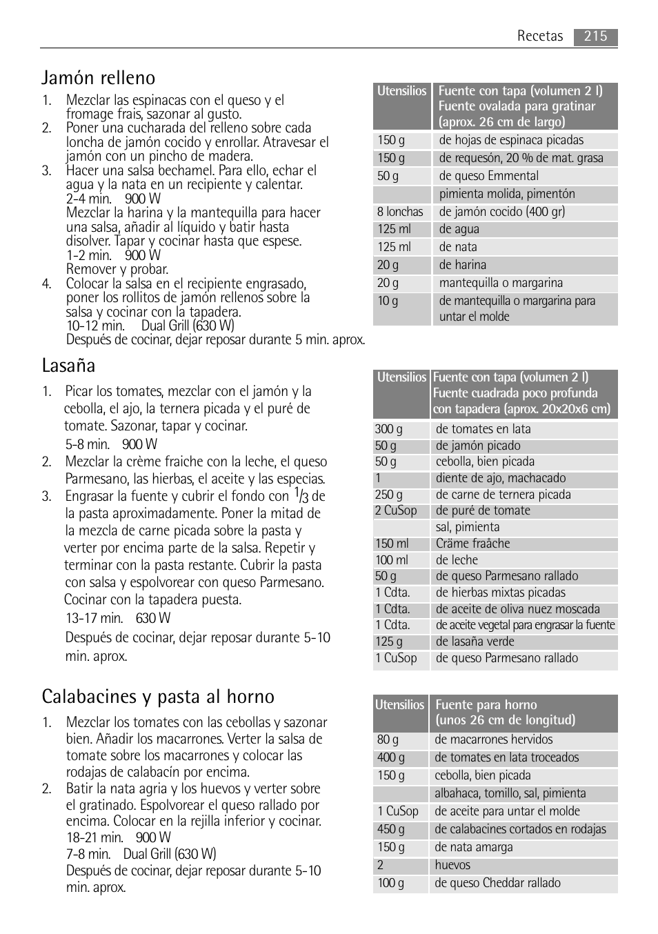 Jamón relleno, Lasaña, Calabacines y pasta al horno | AEG MC2665E-M User Manual | Page 215 / 228