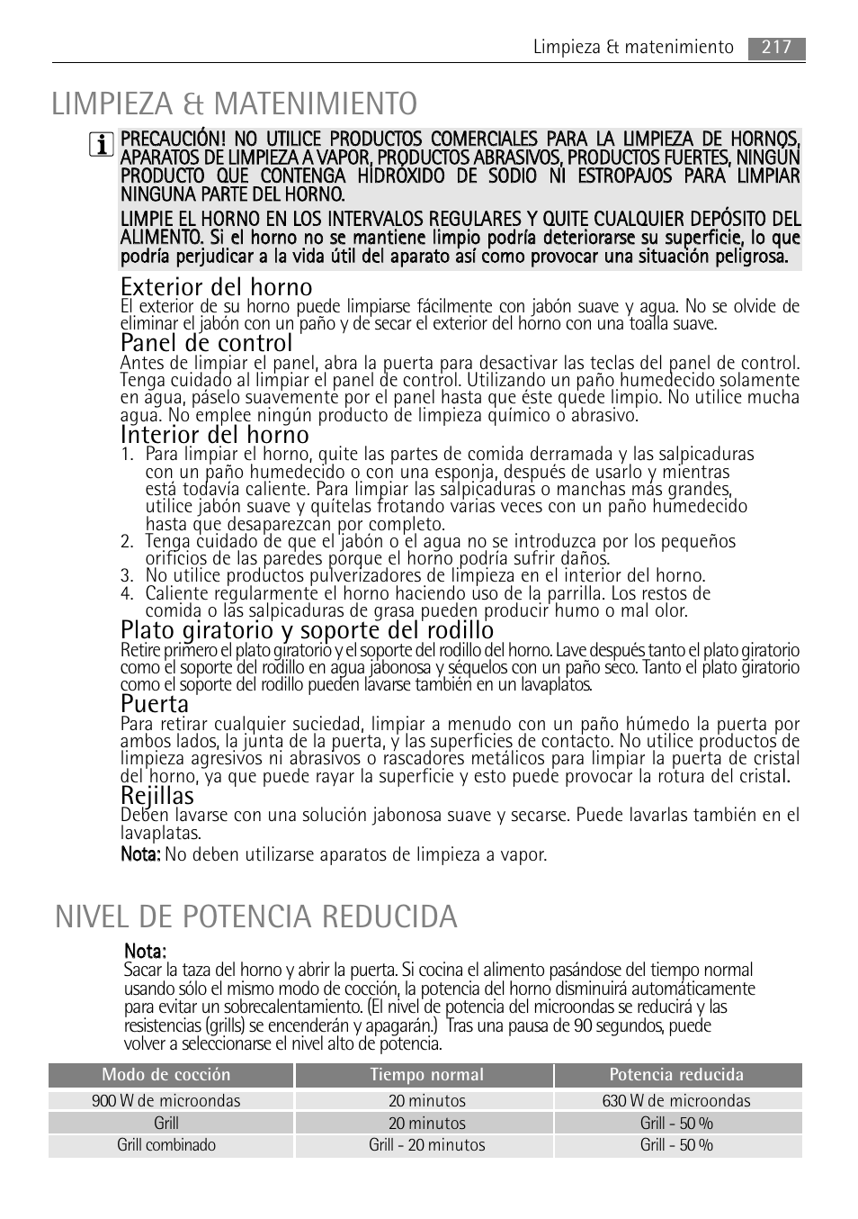 Limpieza & matenimiento, Nivel de potencia reducida, Exterior del horno | Panel de control, Interior del horno, Plato giratorio y soporte del rodillo, Puerta, Rejillas | AEG MC2665E-M User Manual | Page 217 / 228