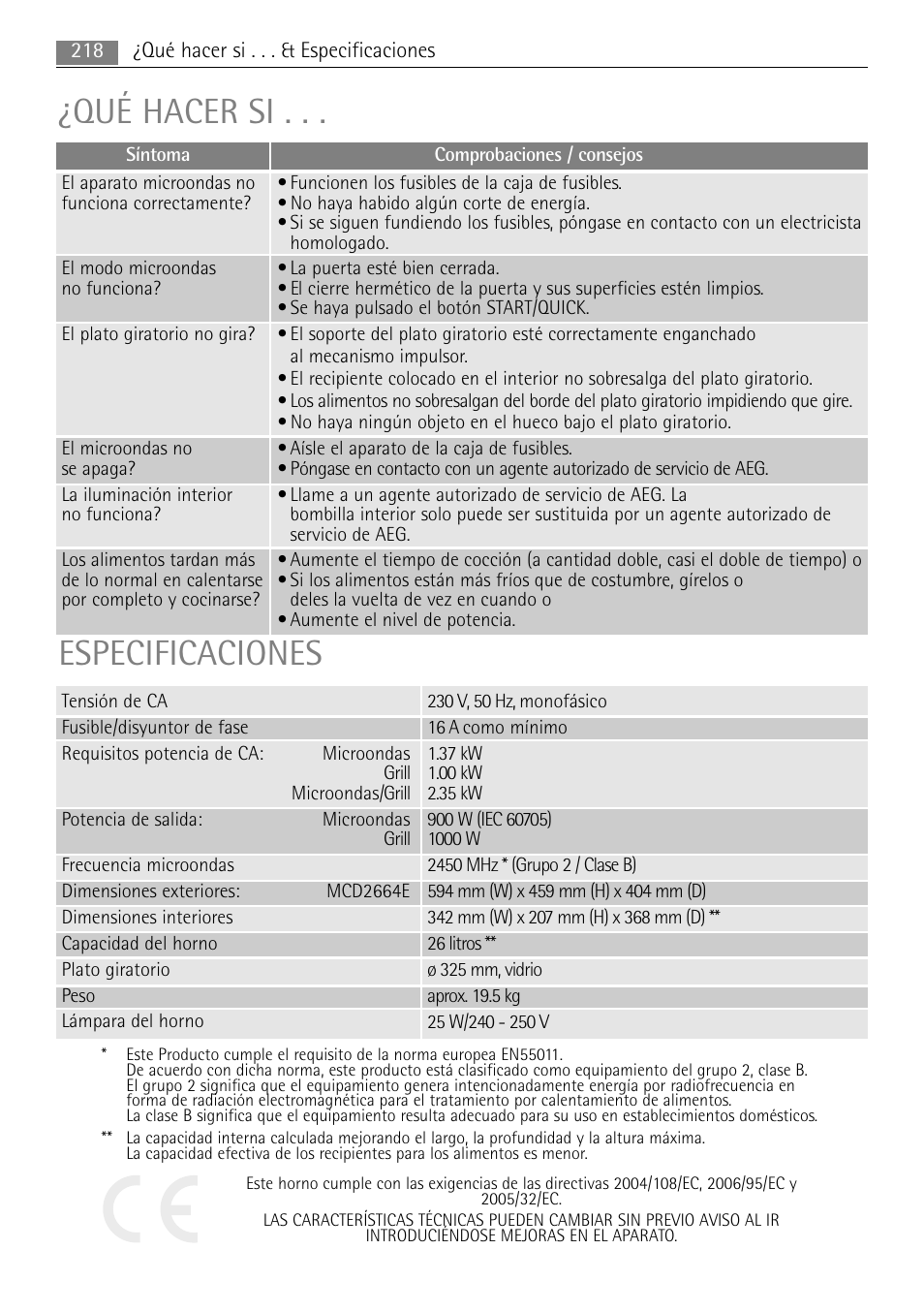 Qué hacer si, Especificaciones | AEG MC2665E-M User Manual | Page 218 / 228