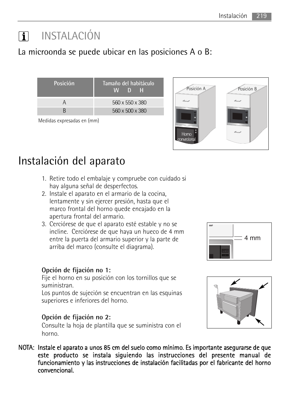 Instalación del aparato, Instalación | AEG MC2665E-M User Manual | Page 219 / 228
