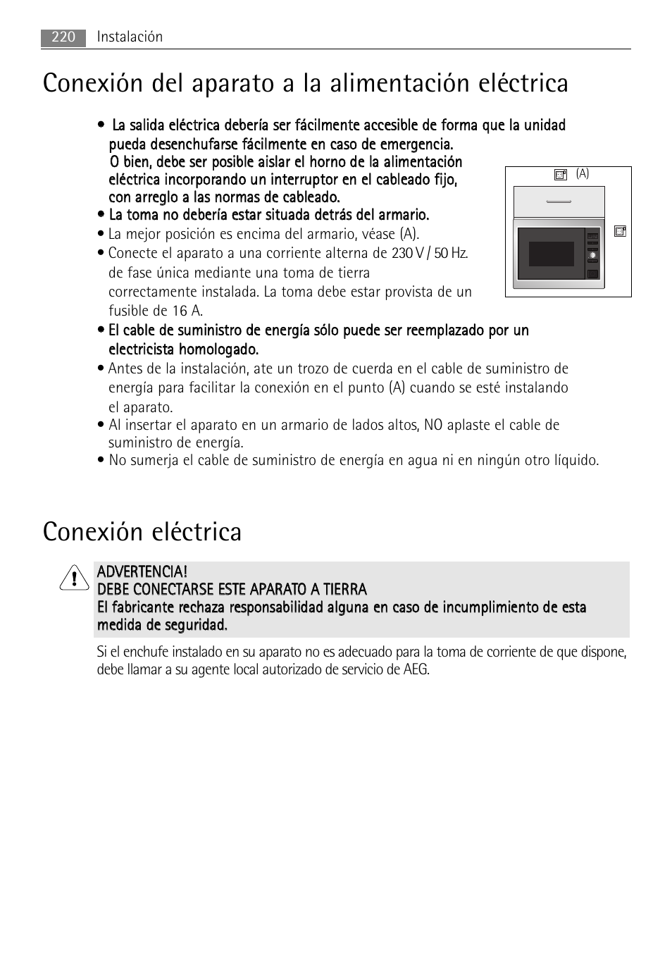 Conexión eléctrica, Conexión del aparato a la alimentación eléctrica | AEG MC2665E-M User Manual | Page 220 / 228