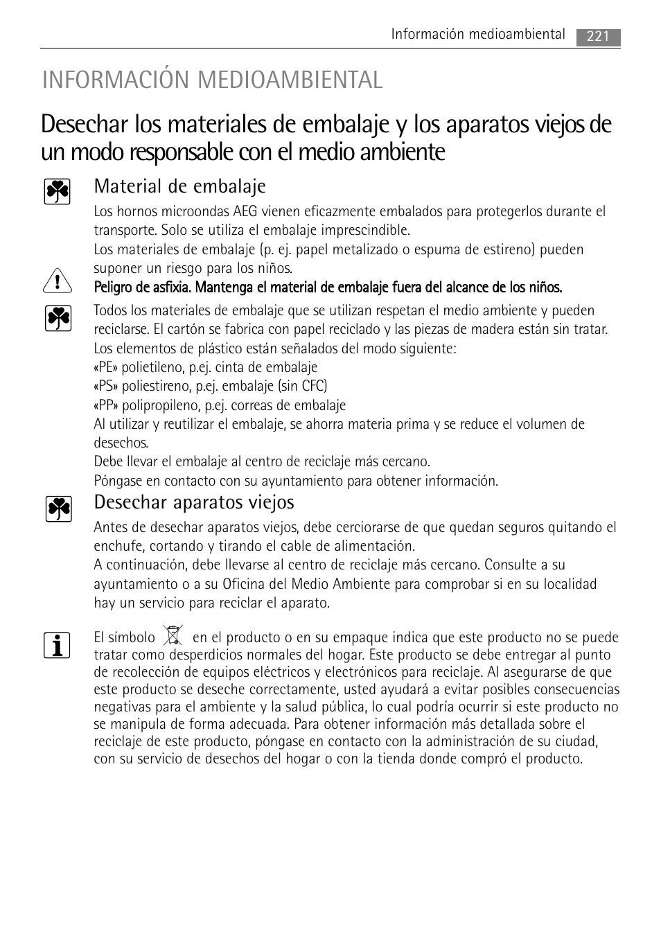 Información medioambiental, Material de embalaje, Desechar aparatos viejos | AEG MC2665E-M User Manual | Page 221 / 228