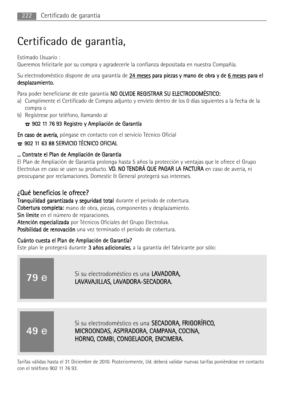 Certificado de garantía, 79 e, 49 e | AEG MC2665E-M User Manual | Page 222 / 228