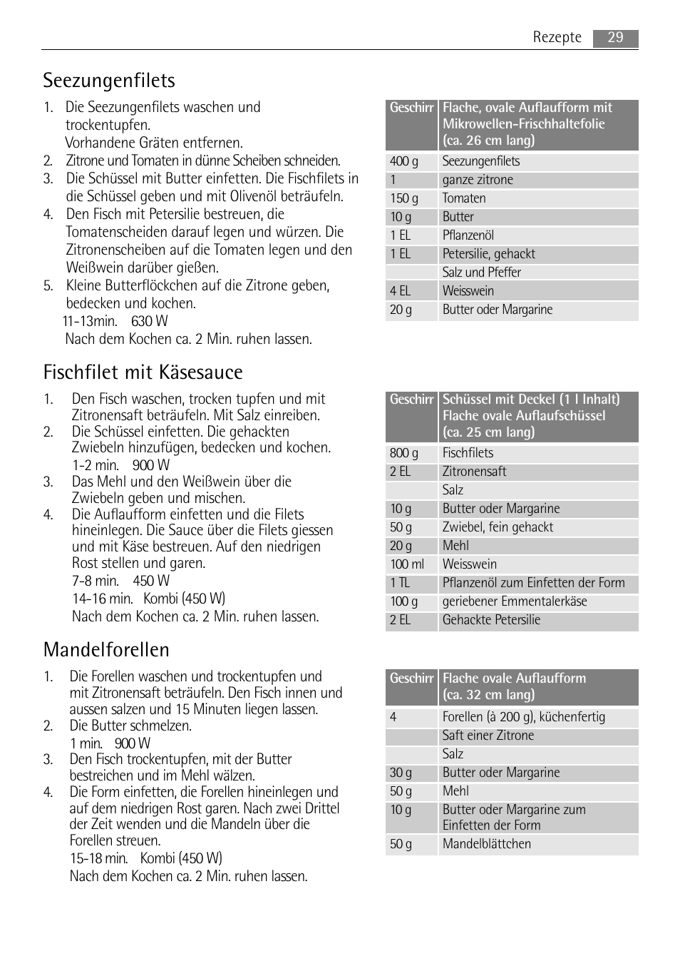 Seezungenfilets, Fischfilet mit käsesauce, Mandelforellen | AEG MC2665E-M User Manual | Page 29 / 228