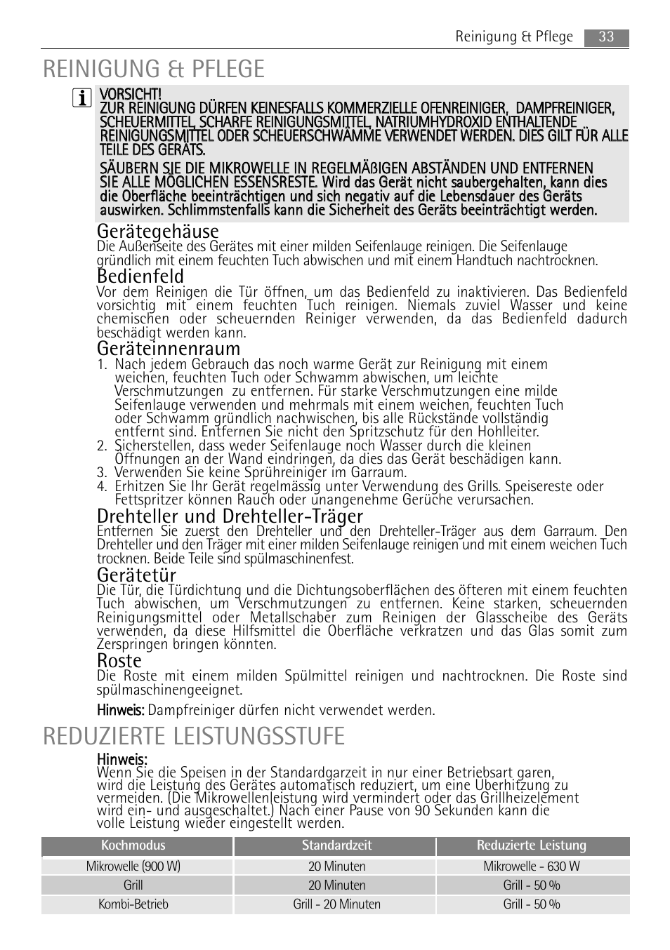 Reinigung & pflege reduzierte leistungsstufe, Gerätegehäuse, Bedienfeld | Geräteinnenraum, Drehteller und drehteller-träger, Gerätetür, Roste | AEG MC2665E-M User Manual | Page 33 / 228