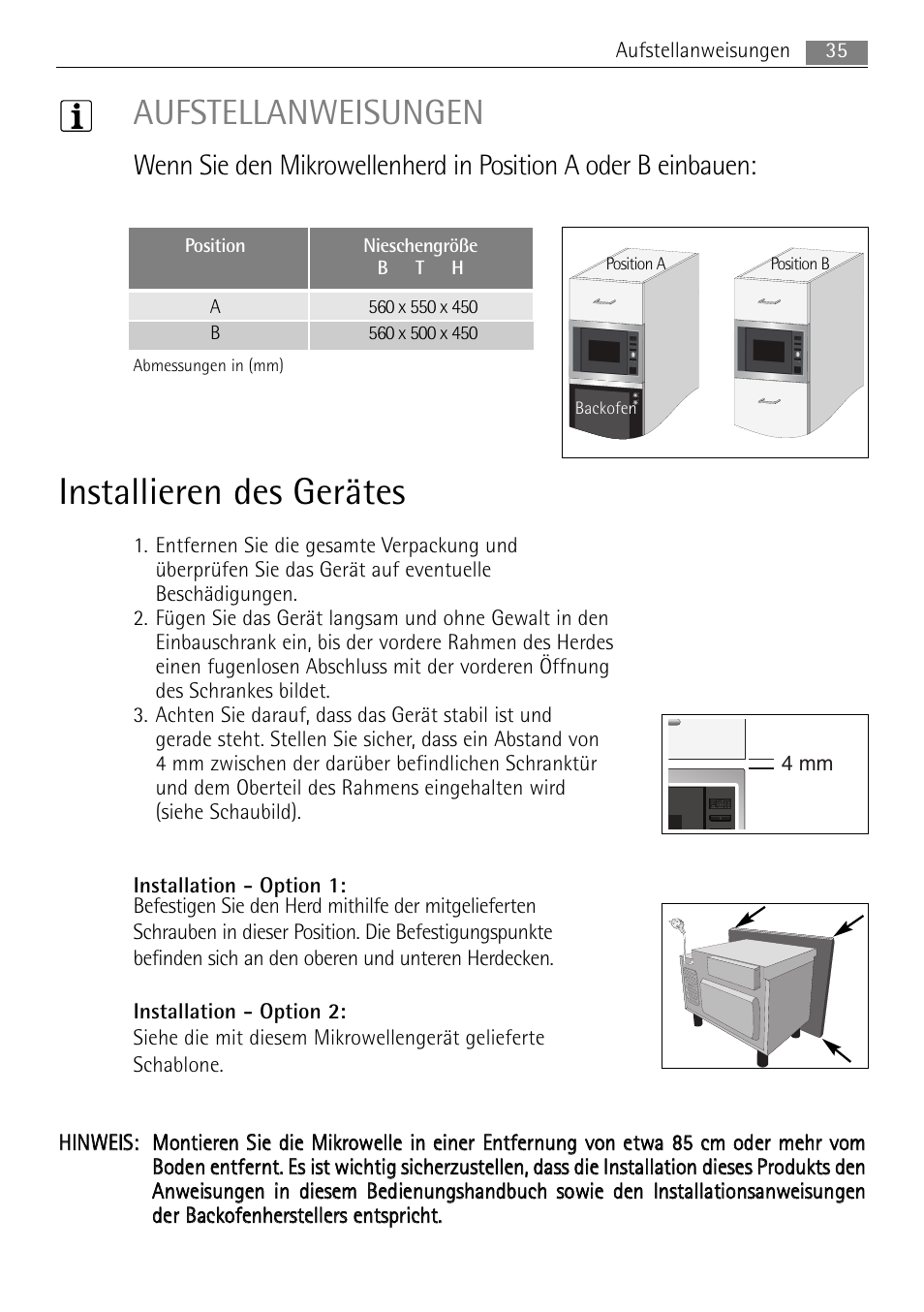 Installieren des gerätes, Aufstellanweisungen | AEG MC2665E-M User Manual | Page 35 / 228