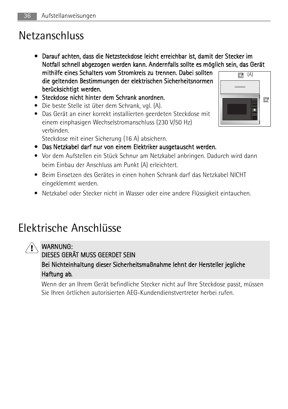 Netzanschluss, Elektrische anschlüsse | AEG MC2665E-M User Manual | Page 36 / 228