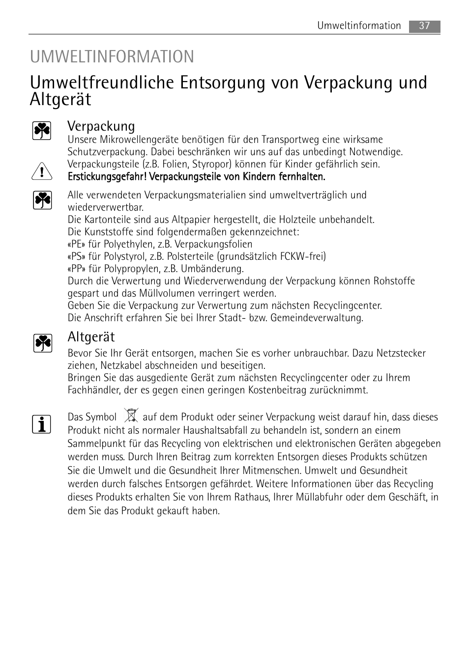Umweltinformation, Verpackung, Altgerät | AEG MC2665E-M User Manual | Page 37 / 228