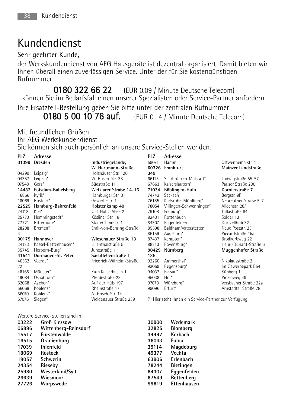 Kundendienst | AEG MC2665E-M User Manual | Page 38 / 228