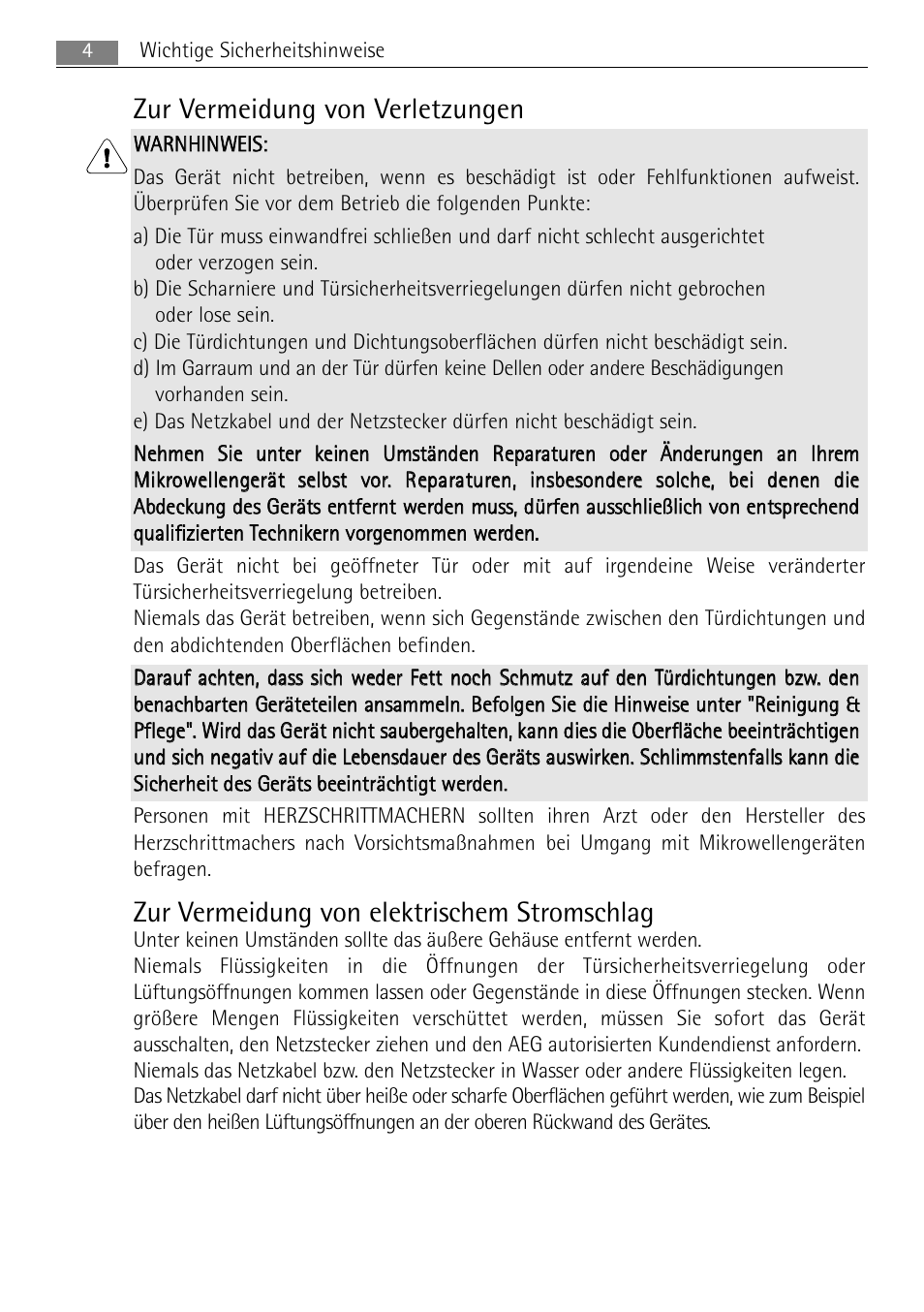 Zur vermeidung von verletzungen, Zur vermeidung von elektrischem stromschlag | AEG MC2665E-M User Manual | Page 4 / 228