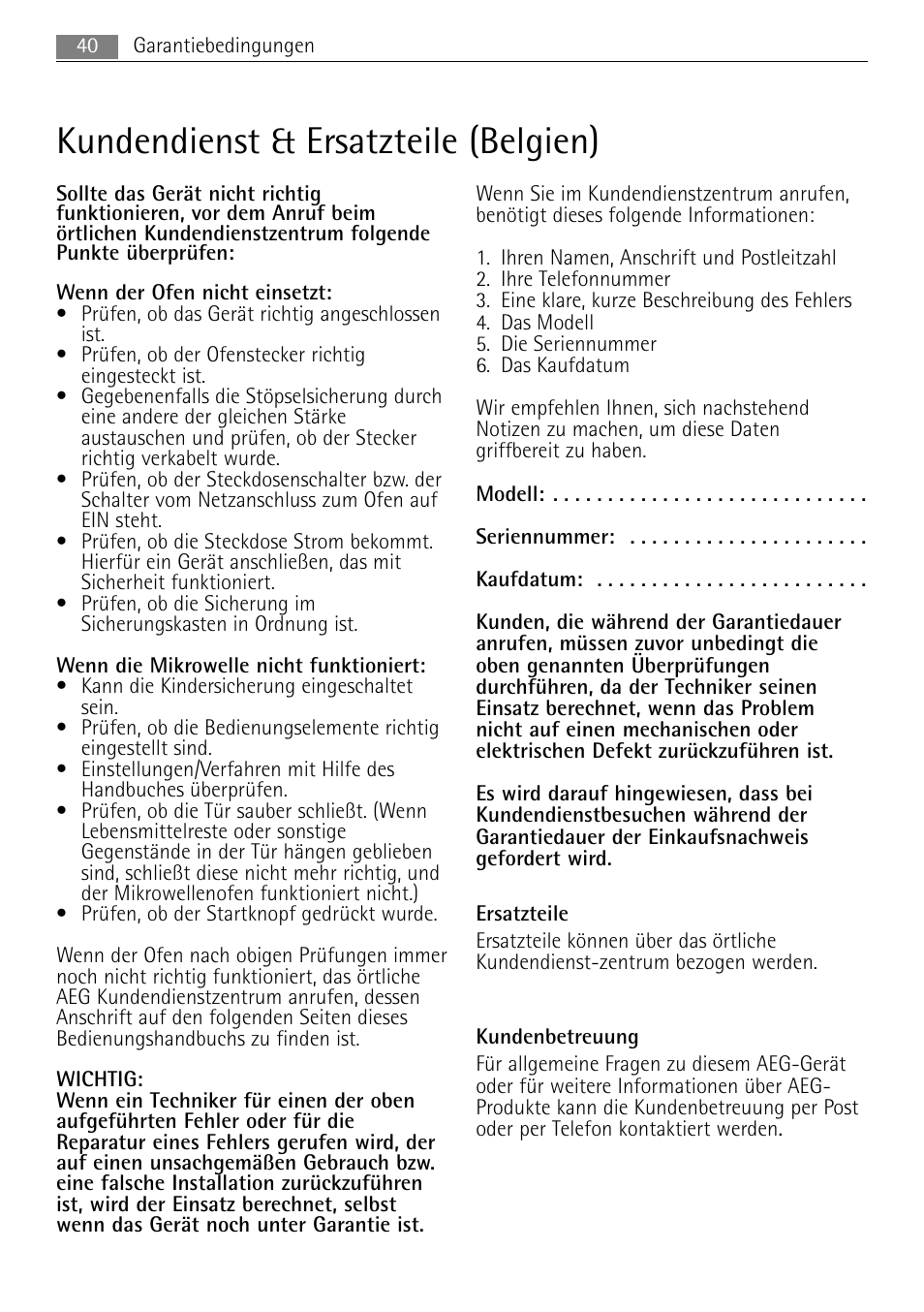 Kundendienst & ersatzteile (belgien) | AEG MC2665E-M User Manual | Page 40 / 228