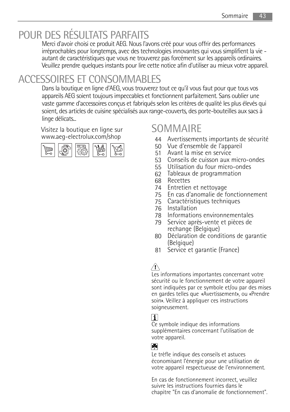 Pour des résultats parfaits, Accessoires et consommables, Sommaire | AEG MC2665E-M User Manual | Page 43 / 228