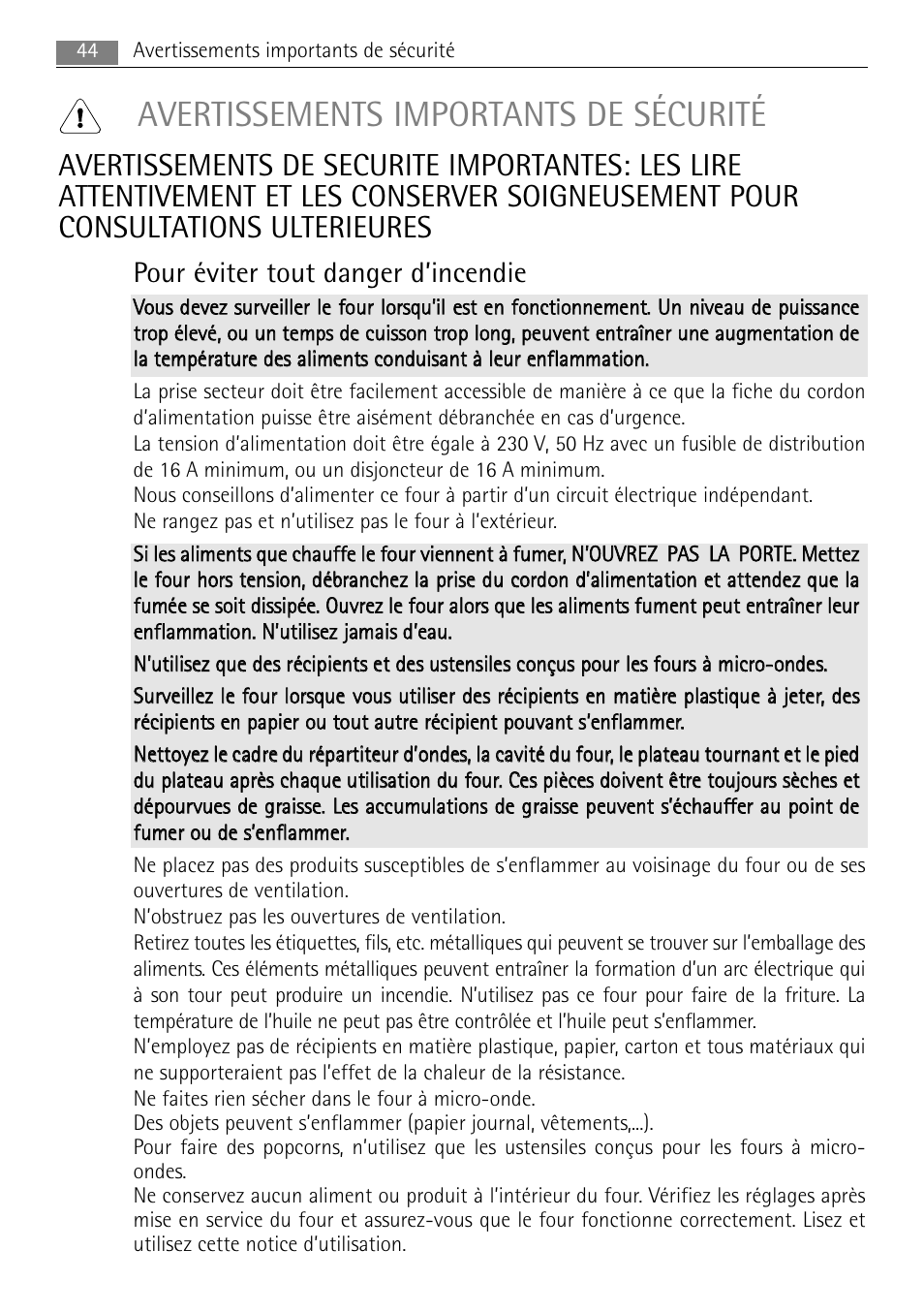 Avertissements importants de sécurité, Pour éviter tout danger d’incendie | AEG MC2665E-M User Manual | Page 44 / 228