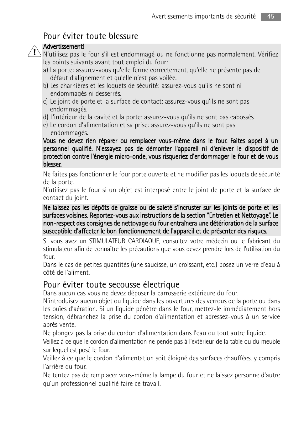 Pour éviter toute blessure, Pour éviter toute secousse électrique | AEG MC2665E-M User Manual | Page 45 / 228