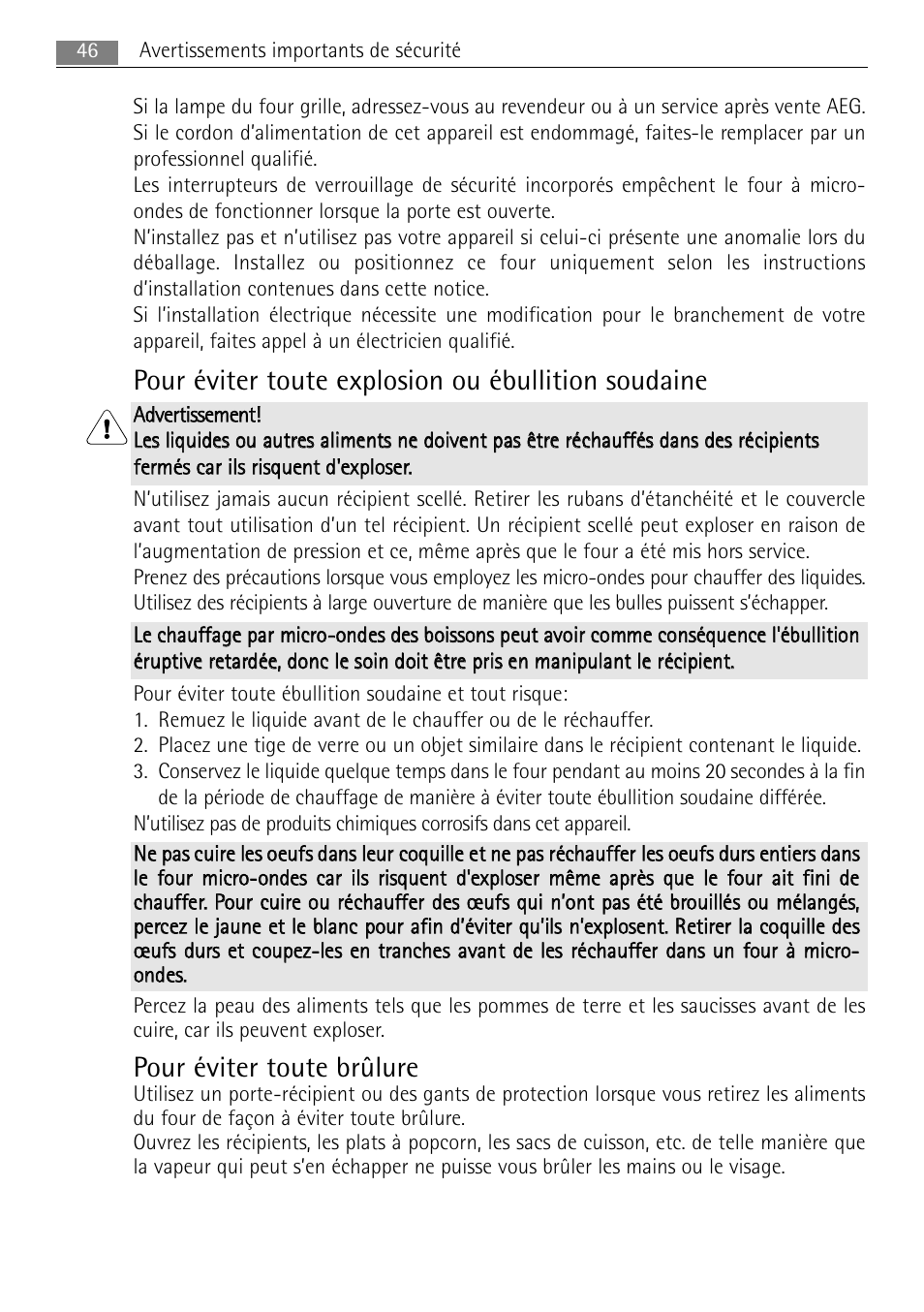 Pour éviter toute explosion ou ébullition soudaine, Pour éviter toute brûlure | AEG MC2665E-M User Manual | Page 46 / 228