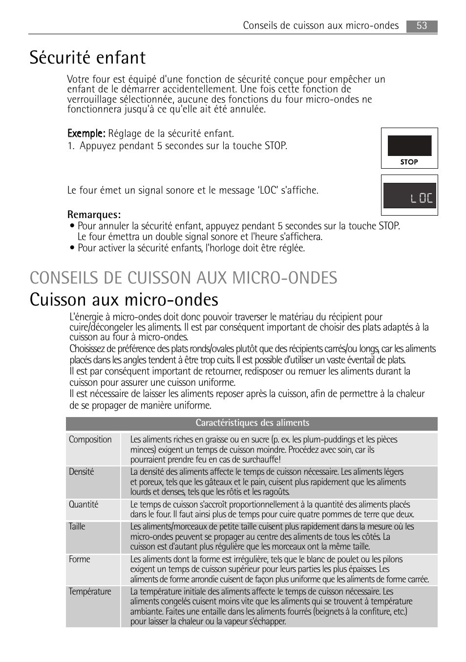 Sécurité enfant, Cuisson aux micro-ondes, Conseils de cuisson aux micro-ondes | 53 conseils de cuisson aux micro-ondes | AEG MC2665E-M User Manual | Page 53 / 228