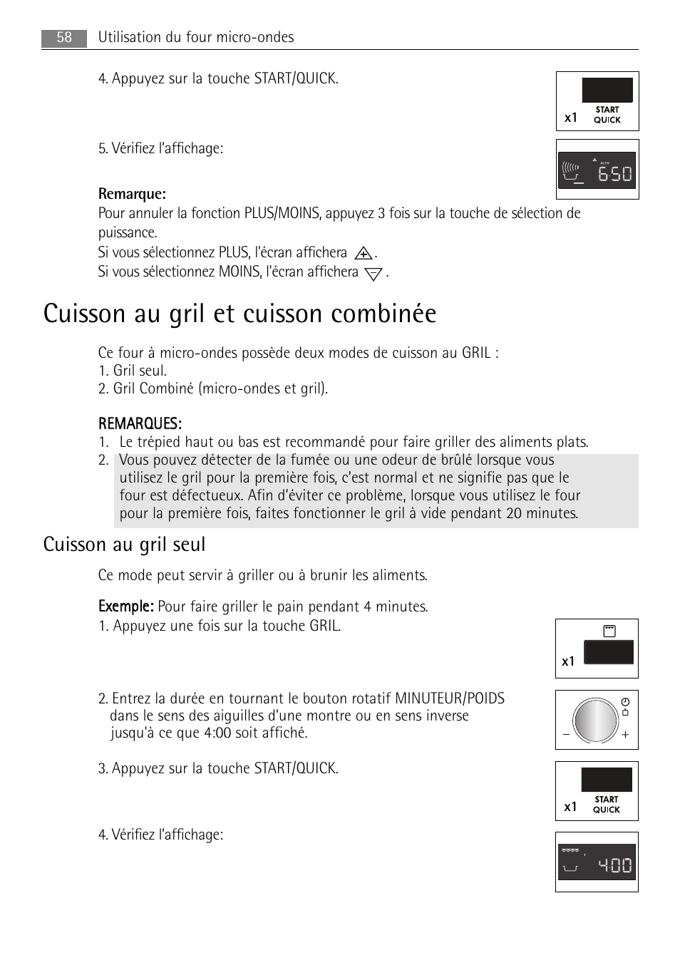 Cuisson au gril et cuisson combinée, Cuisson au gril seul | AEG MC2665E-M User Manual | Page 58 / 228