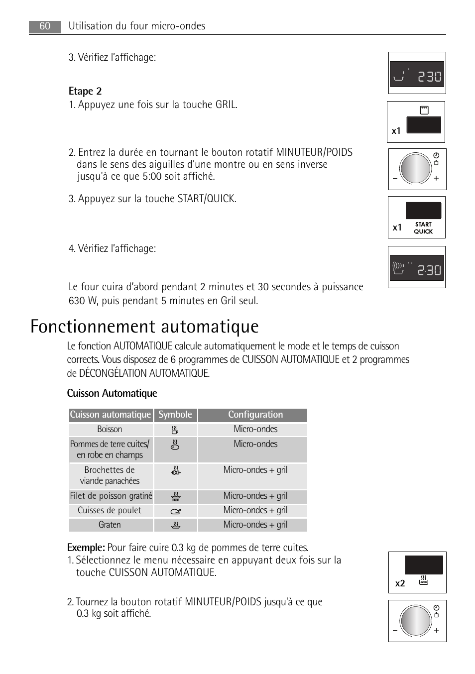 Fonctionnement automatique, X2 cuisson automatique symbole configuration, Micro-ondes | Cuites/ micro-ondes en robe en champs, Micro-ondes + gril viande, Micro-ondes + gril | AEG MC2665E-M User Manual | Page 60 / 228