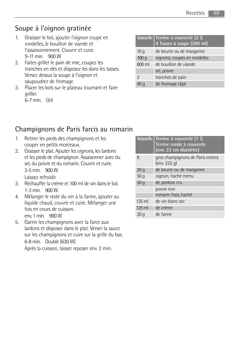 Soupe à l’oignon gratinée, Champignons de paris farcis au romarin | AEG MC2665E-M User Manual | Page 69 / 228