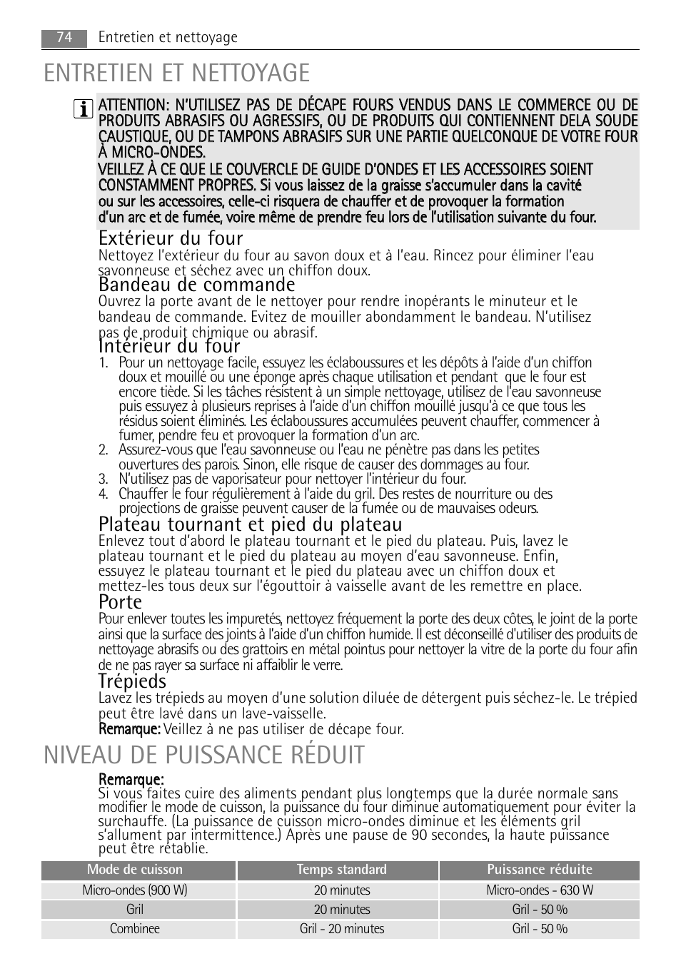 Entretien et nettoyage niveau de puissance réduit, Extérieur du four, Bandeau de commande | Intérieur du four, Plateau tournant et pied du plateau, Porte, Trépieds | AEG MC2665E-M User Manual | Page 74 / 228
