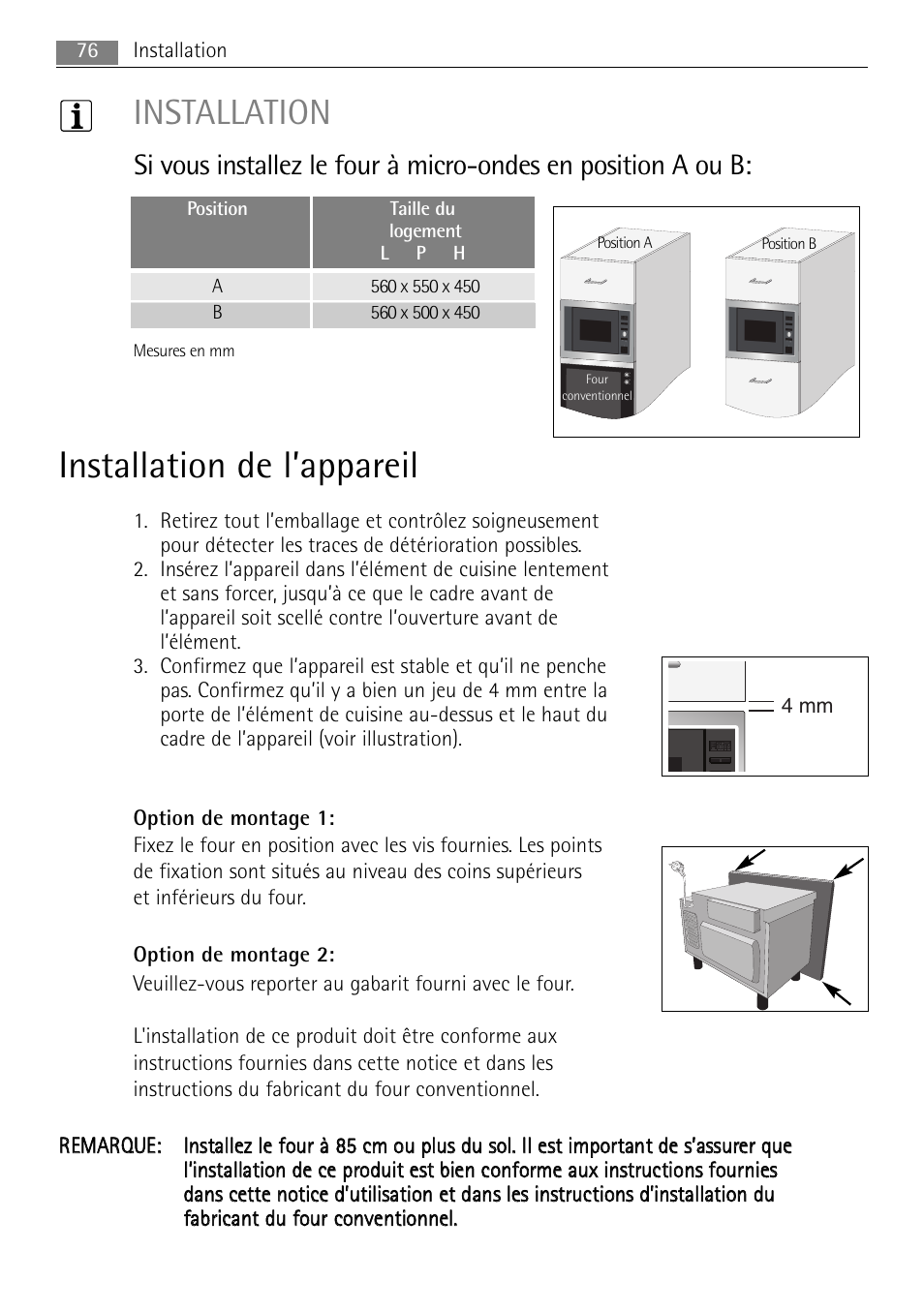 Installation de l’appareil, Installation | AEG MC2665E-M User Manual | Page 76 / 228