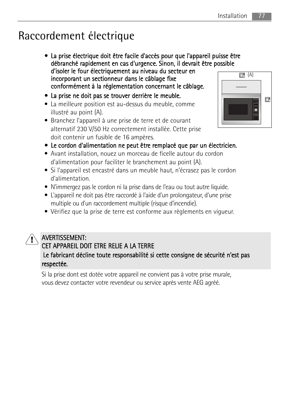 Raccordement électrique | AEG MC2665E-M User Manual | Page 77 / 228