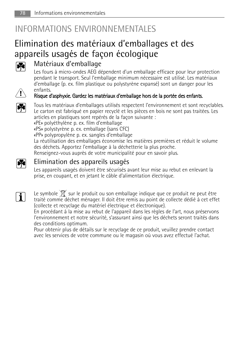 Informations environnementales, Matériaux d’emballage, Elimination des appareils usagés | AEG MC2665E-M User Manual | Page 78 / 228