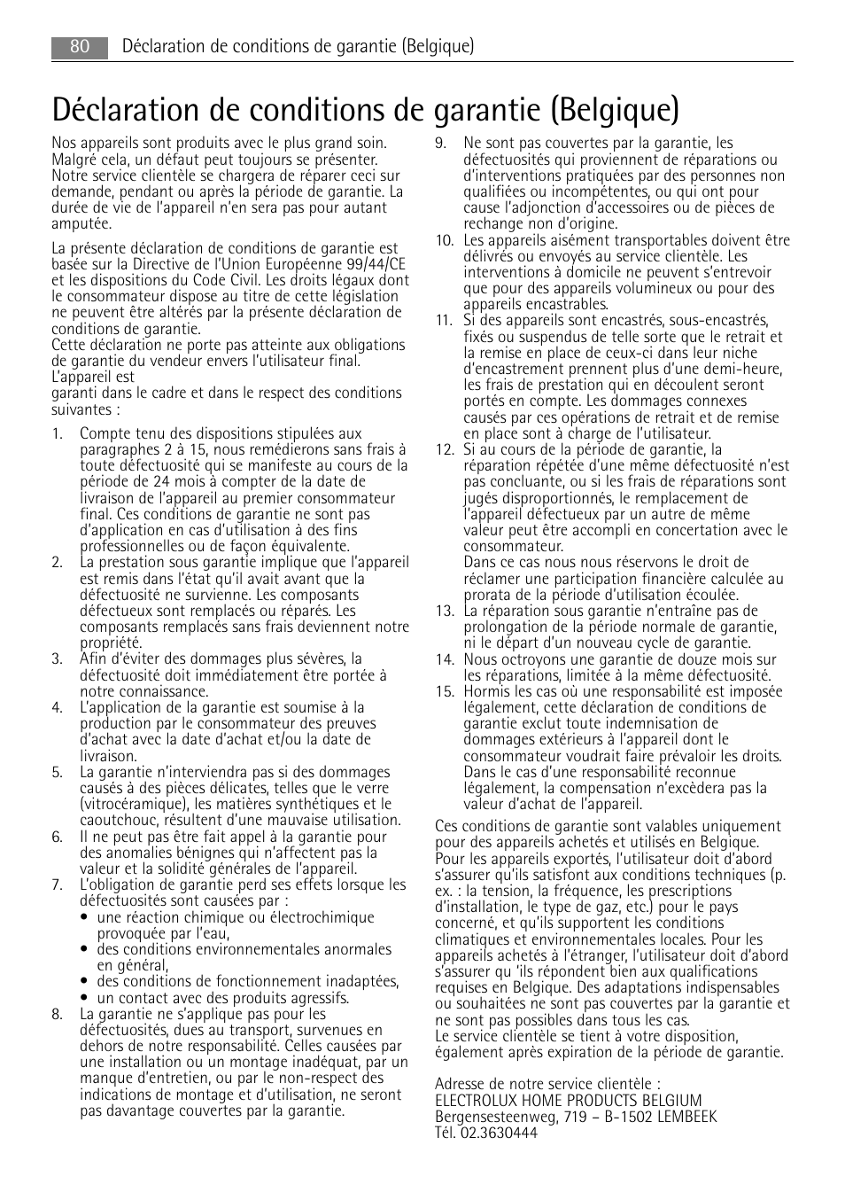 Déclaration de conditions de garantie (belgique) | AEG MC2665E-M User Manual | Page 80 / 228