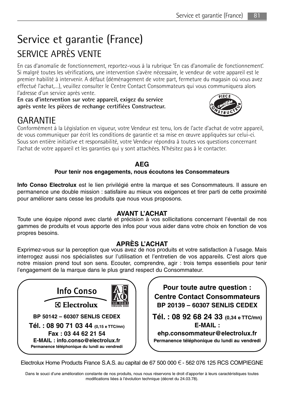 Service et garantie (france), Service après vente garantie | AEG MC2665E-M User Manual | Page 81 / 228
