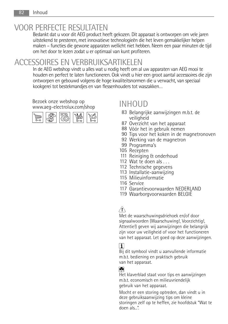 Dutch mg_aeg guidelines-mg, Voor perfecte resultaten, Accessoires en verbruiksartikelen | Inhoud | AEG MC2665E-M User Manual | Page 82 / 228