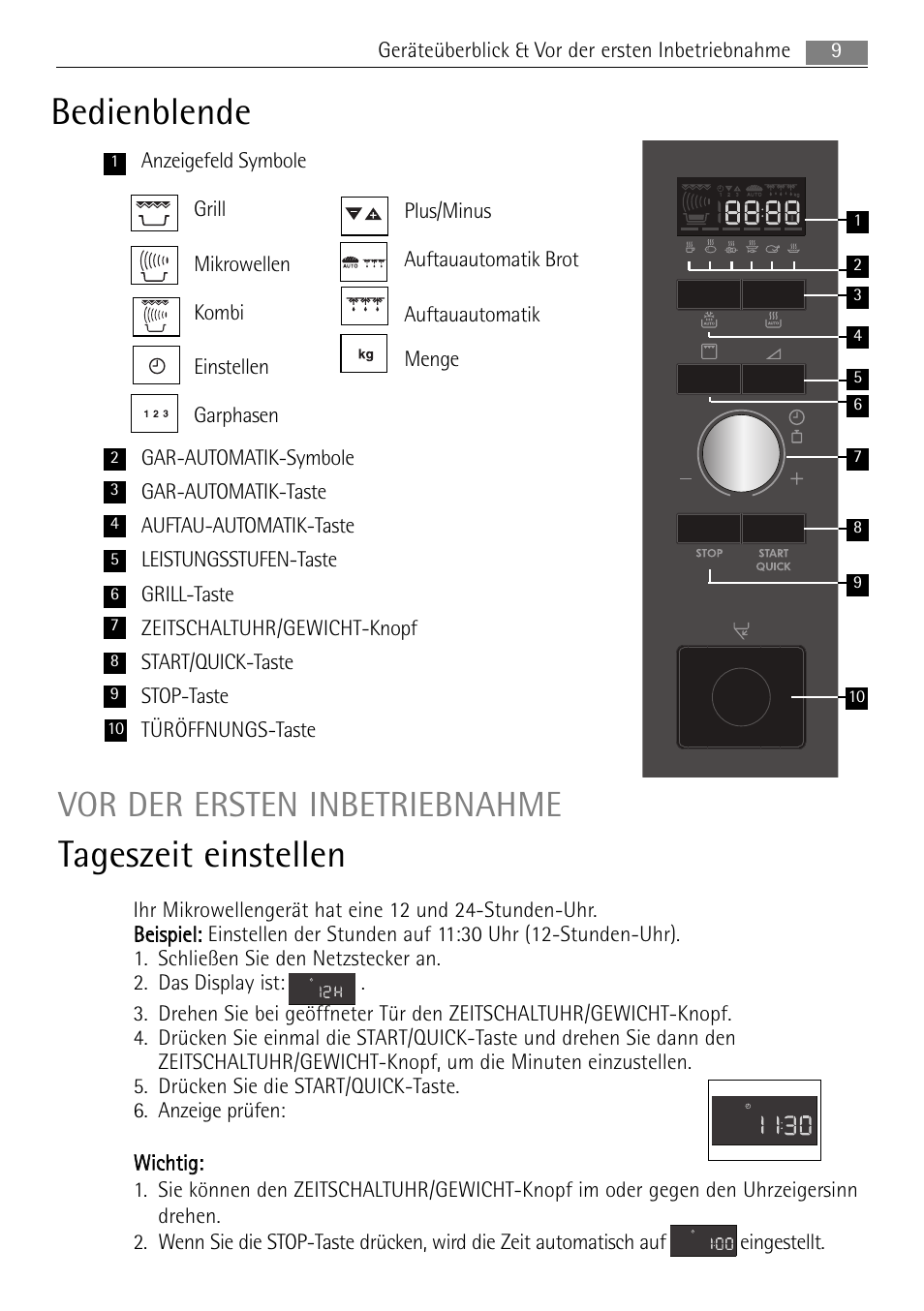 Bedienblende, Tageszeit einstellen, Vor der ersten inbetriebnahme | 9geräteüberblick & vor der ersten inbetriebnahme | AEG MC2665E-M User Manual | Page 9 / 228
