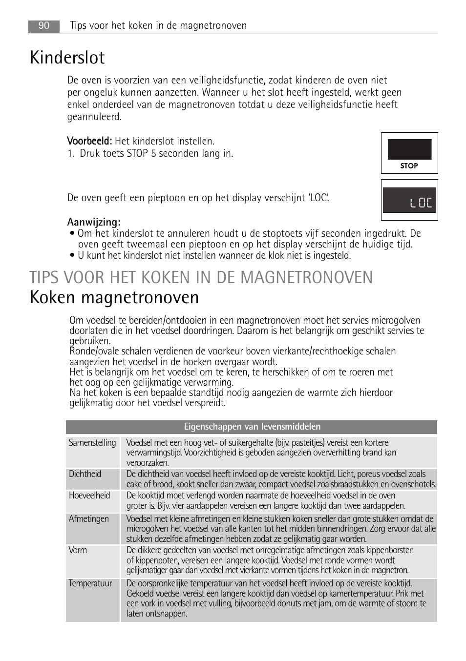 Kinderslot, Koken magnetronoven, Tips voor het koken in de magnetronoven | 90 tips voor het koken in de magnetronoven | AEG MC2665E-M User Manual | Page 90 / 228