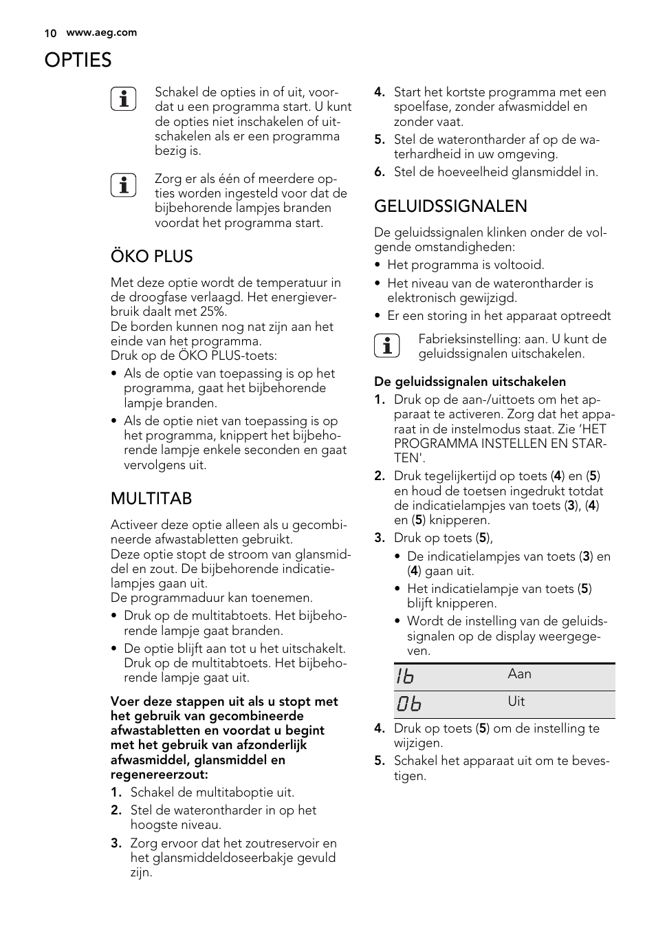Opties, Öko plus, Multitab | Geluidssignalen | AEG F78420VI0P User Manual | Page 10 / 80