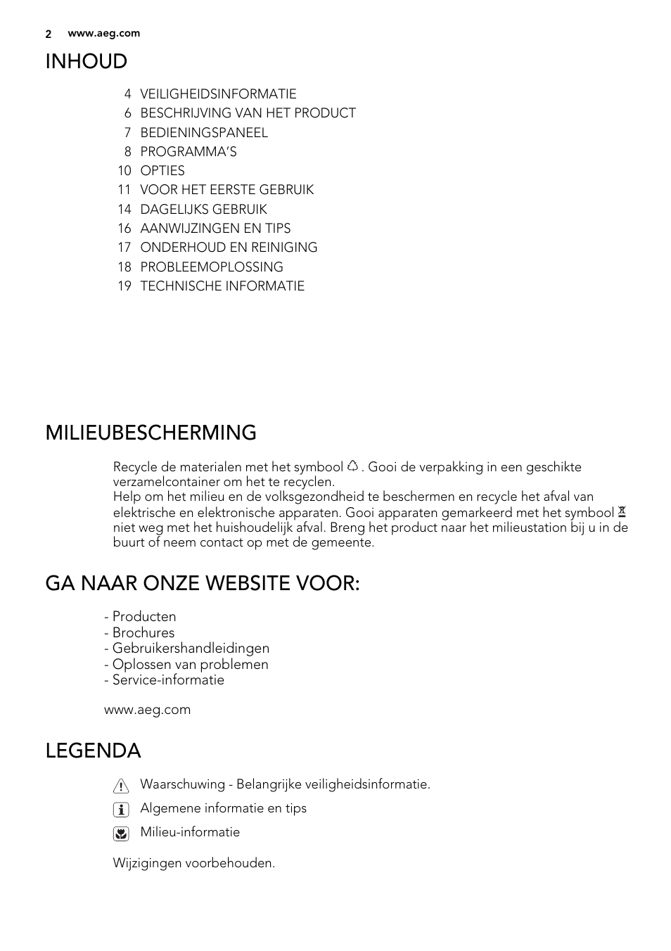 Inhoud, Milieubescherming, Ga naar onze website voor | Legenda | AEG F78420VI0P User Manual | Page 2 / 80